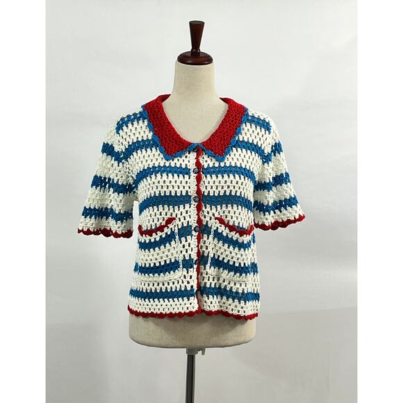 HUNTER BELL Sz L Large Kate Top Crochet Sweater Cardigan Short Sleeve - Picture 2 of 12